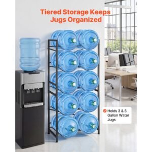 water jug holder, 5 tiers double rows 3 and 5 gallon water bottle holder for 10 bottles, heavy duty jug rack organizer with handles, easy assembly, for kitchen, office, living room, black