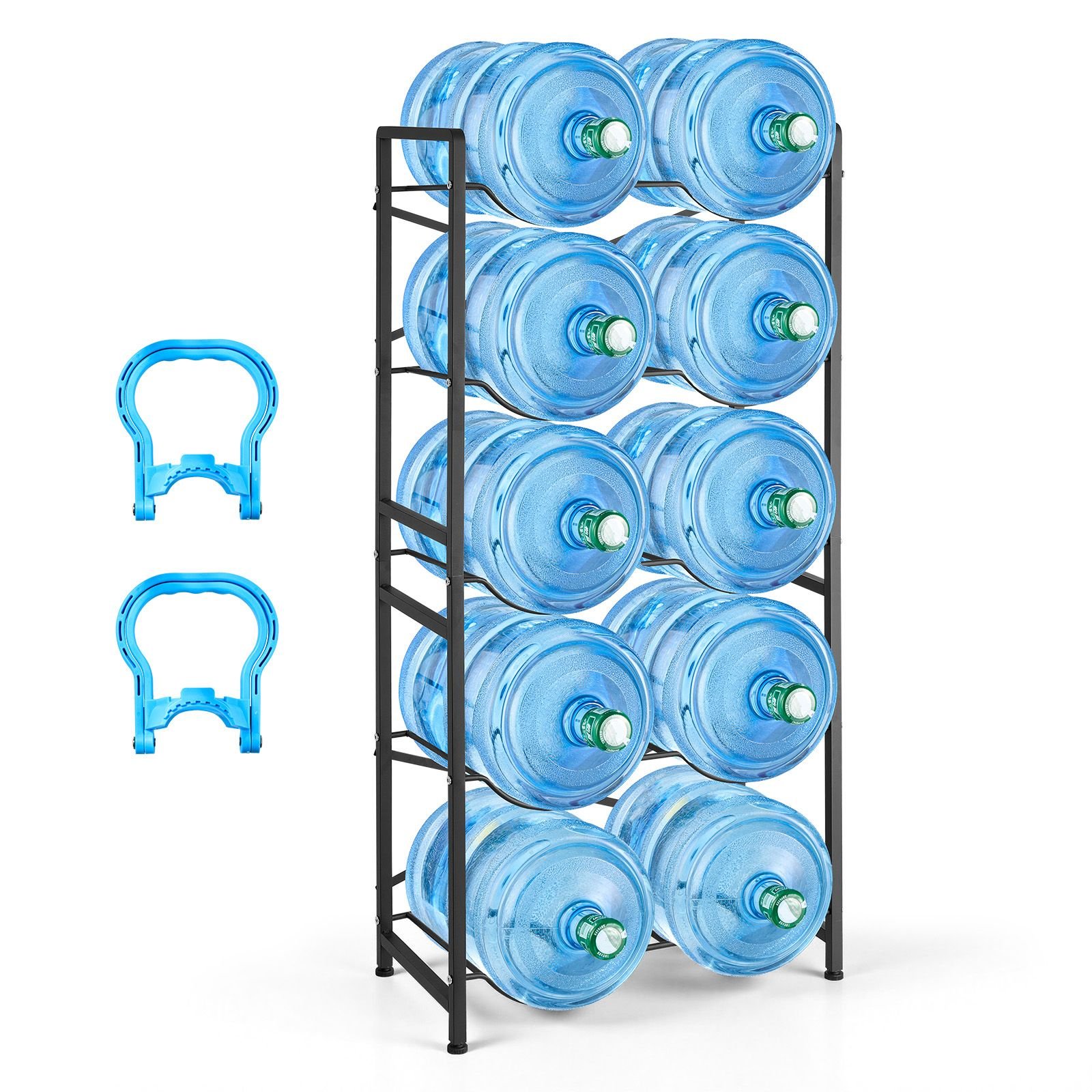 water jug holder, 5 tiers double rows 3 and 5 gallon water bottle holder for 10 bottles, heavy duty jug rack organizer with handles, easy assembly, for kitchen, office, living room, black