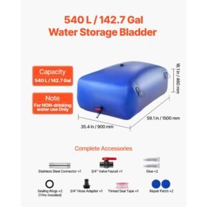 water storage bladder, 142.7 gal collapsible water storage bag, wear resistant 1000d pvc soft waters bag, leakproof camping tank containers for garden irrigation rv emergency use, blue