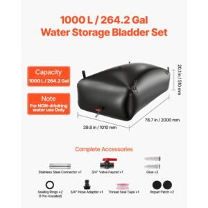 water storage bladder, 264.2 gal collapsible water storage bag, wear resistant 1000d pvc soft waters bag, leakproof camping tank containers for garden irrigation rv emergency use, black