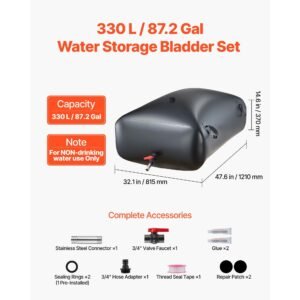 water storage bladder, 87.2 gal collapsible water storage bag, wear resistant 1000d pvc soft waters bag, leakproof camping tank containers for garden irrigation rv emergency use, black