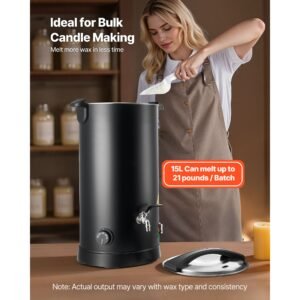 wax melter for candle making, 15.9 qts, fast and even heating, with easy pour spout and temperature control, hourglass base for non stick smooth flow, wax melting pot for making candles soaps