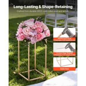 wedding flower stand, 10pcs 15.75 inch column flower stand, floral stands with acrylic laminate, gold rectangular floral display rack for wedding, party, birthday, home, gold centerpiece stands