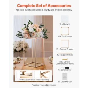 wedding flower stand, 10pcs 15.75 inch column flower stand, floral stands with acrylic laminate, gold rectangular floral display rack for wedding, party, birthday, home, gold centerpiece stands