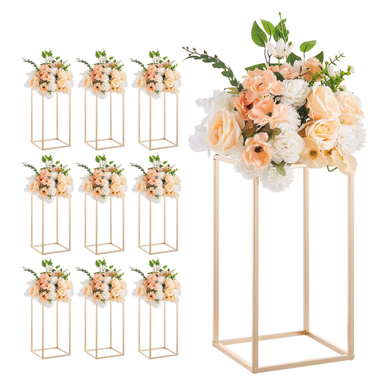 wedding flower stand, 10pcs 15.75 inch column flower stand, floral stands with acrylic laminate, gold rectangular floral display rack for wedding, party, birthday, home, gold centerpiece stands