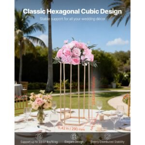 wedding flower stand, 10pcs 23.62 inch column flower stand, floral stands with acrylic laminate, hexagonal cubic floral display rack for wedding, party, birthday, home, gold centerpiece stands