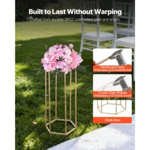wedding flower stand, 10pcs 23.62 inch column flower stand, floral stands with acrylic laminate, hexagonal cubic floral display rack for wedding, party, birthday, home, gold centerpiece stands