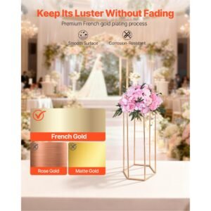 wedding flower stand, 10pcs 23.62 inch column flower stand, floral stands with acrylic laminate, hexagonal cubic floral display rack for wedding, party, birthday, home, gold centerpiece stands