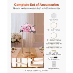wedding flower stand, 10pcs 23.62 inch column flower stand, floral stands with acrylic laminate, hexagonal cubic floral display rack for wedding, party, birthday, home, gold centerpiece stands