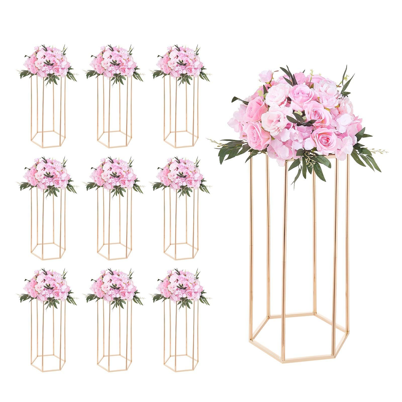 wedding flower stand, 10pcs 23.62 inch column flower stand, floral stands with acrylic laminate, hexagonal cubic floral display rack for wedding, party, birthday, home, gold centerpiece stands