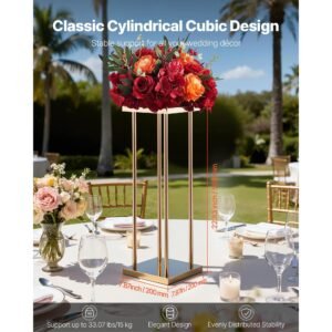 wedding flower stand, 10pcs 23.62 inch column flower stand, floral stands with metal laminate, cylindrical cubic floral display rack for wedding, party, birthday, home, gold centerpiece stands