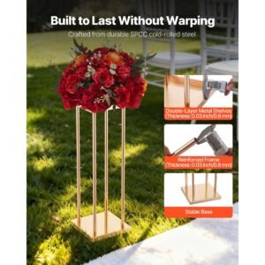 wedding flower stand, 10pcs 23.62 inch column flower stand, floral stands with metal laminate, cylindrical cubic floral display rack for wedding, party, birthday, home, gold centerpiece stands