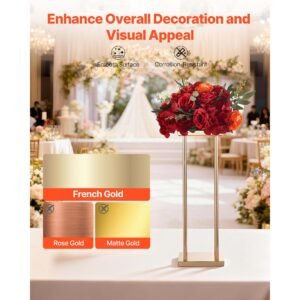 wedding flower stand, 10pcs 23.62 inch column flower stand, floral stands with metal laminate, cylindrical cubic floral display rack for wedding, party, birthday, home, gold centerpiece stands