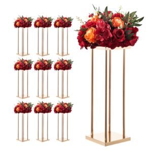 Wedding Flower Stand, 10PCS 23.62-inch Column Flower Stand, Floral Stands with Metal Laminate, Cylindrical Cubic Floral Display Rack for Wedding, Party, Birthday, Home, Gold Centerpiece Stands