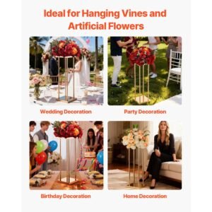 wedding flower stand, 10pcs 23.62 inch column flower stand, floral stands with metal laminate, cylindrical cubic floral display rack for wedding, party, birthday, home, gold centerpiece stands