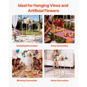 wedding flower stand, 10pcs 23.62 inch column flower stand, floral stands with metal laminate, gold rectangular floral display rack for wedding, party, birthday, home, gold centerpiece stands