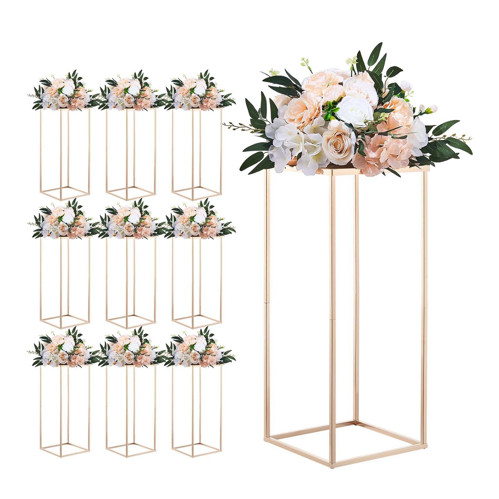 wedding flower stand, 10pcs 23.62 inch column flower stand, floral stands with metal laminate, gold rectangular floral display rack for wedding, party, birthday, home, gold centerpiece stands