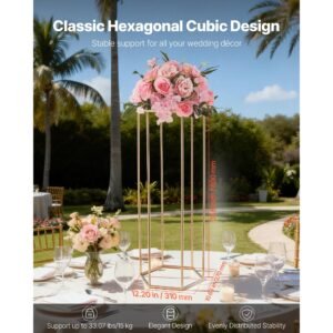 wedding flower stand, 10pcs 31.5 inch column flower stand, floral stands with acrylic laminate, hexagonal cubic floral display rack for wedding, party, birthday, home, gold centerpiece stands