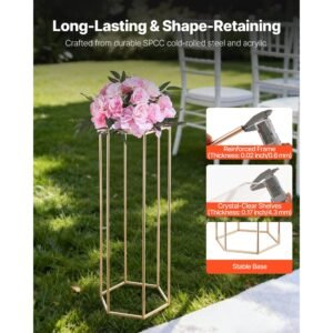 wedding flower stand, 10pcs 31.5 inch column flower stand, floral stands with acrylic laminate, hexagonal cubic floral display rack for wedding, party, birthday, home, gold centerpiece stands