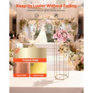wedding flower stand, 10pcs 31.5 inch column flower stand, floral stands with acrylic laminate, hexagonal cubic floral display rack for wedding, party, birthday, home, gold centerpiece stands