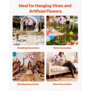 wedding flower stand, 10pcs 31.5 inch column flower stand, floral stands with acrylic laminate, hexagonal cubic floral display rack for wedding, party, birthday, home, gold centerpiece stands