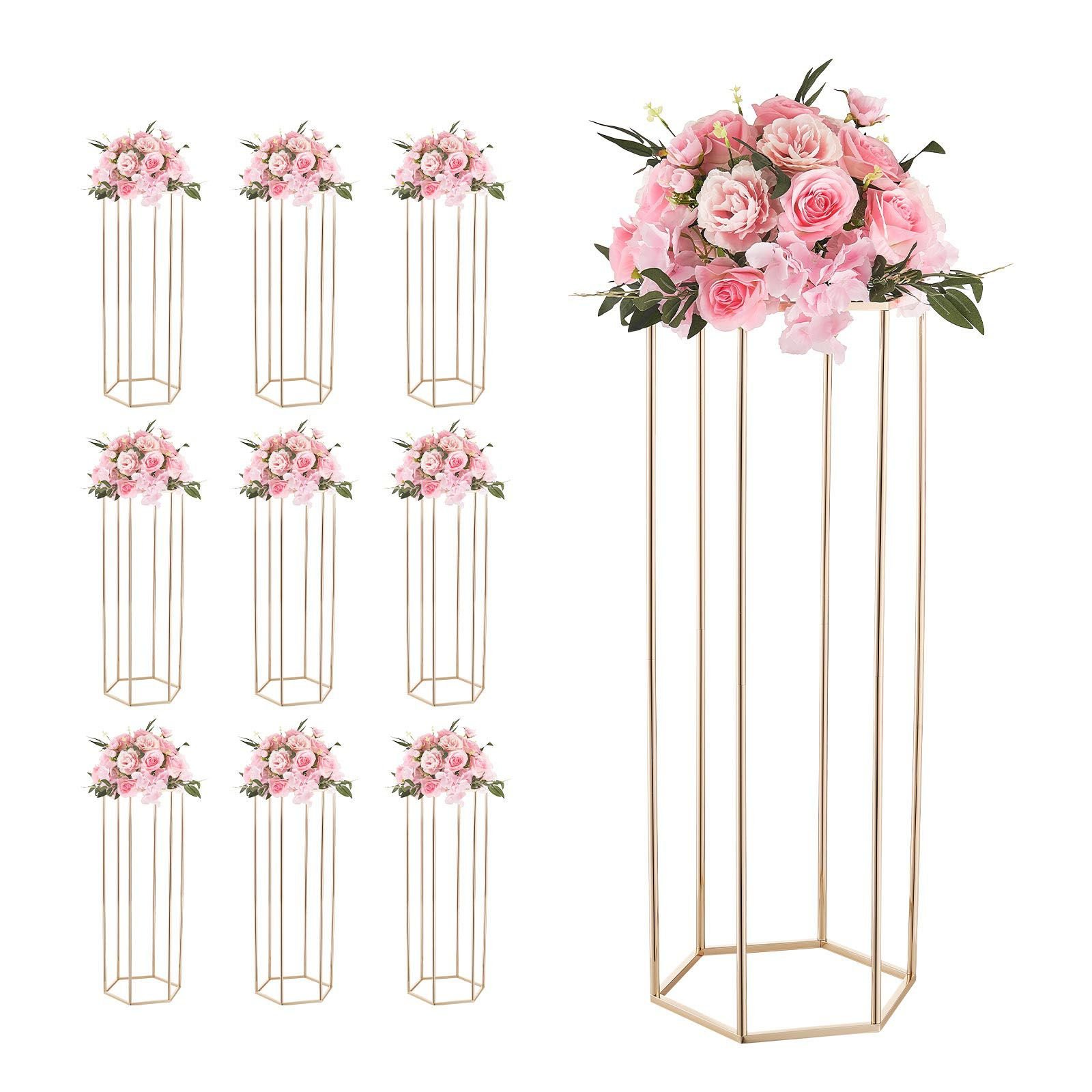 wedding flower stand, 10pcs 31.5 inch column flower stand, floral stands with acrylic laminate, hexagonal cubic floral display rack for wedding, party, birthday, home, gold centerpiece stands