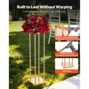 wedding flower stand, 10pcs 31.5 inch column flower stand, floral stands with metal laminate, cylindrical cubic floral display rack for wedding, party, birthday, home, gold centerpiece stands