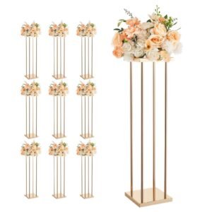 Wedding Flower Stand, 10PCS 31.5-inch Column Flower Stand, Floral Stands with Metal Laminate, Cylindrical Cubic Floral Display Rack for Wedding, Party, Birthday, Home, Gold Centerpiece Stands