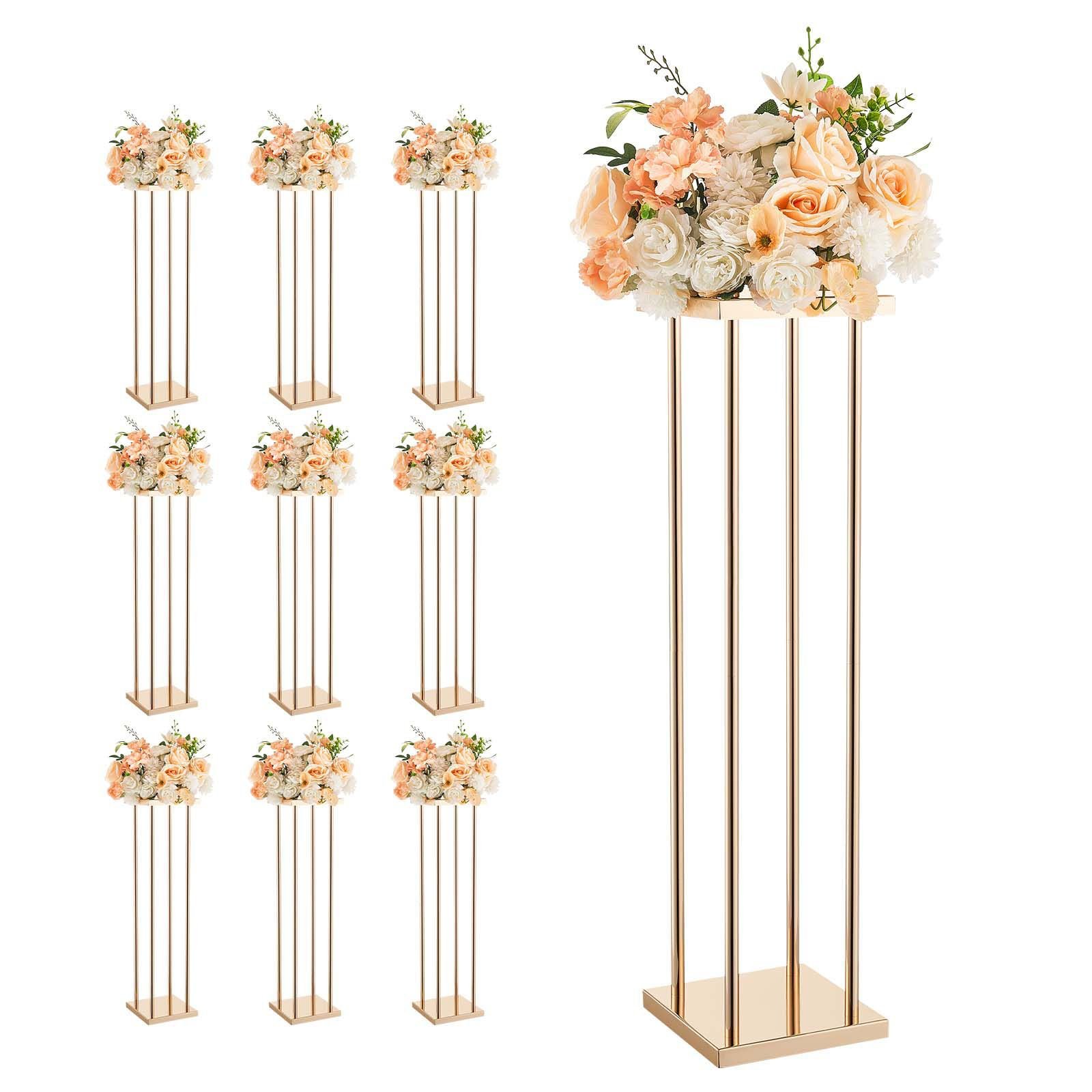 wedding flower stand, 10pcs 31.5 inch column flower stand, floral stands with metal laminate, cylindrical cubic floral display rack for wedding, party, birthday, home, gold centerpiece stands
