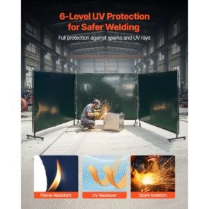 welding screen with frame, 3 panel 6 x 8 ft welding curtain screen, flame resistant vinyl safety protection screens with 12 wheels & 6 level uv protection for workshop/industrial use, dark green