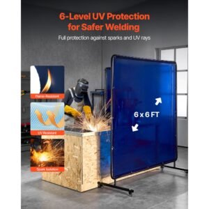 welding screen with frame, 6 x 6 ft welding curtain screen, flame resistant vinyl safety protection screens with lockable swivel wheels & 6 level uv protection for workshop/industrial use, blue