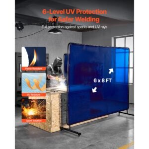 welding screen with frame, 6 x 8 ft welding curtain screen, flame resistant vinyl safety protection screens with lockable swivel wheels & 6 level uv protection for workshop/industrial use, blue