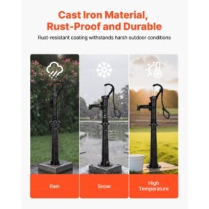 well hand pitcher pump, 20 ft max lift, antique cast iron manual hand water pump with heightening base, npt 1 1/4 in connection, easy installation, for outdoor garden, pond, yard, farm, black