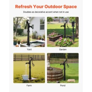 well hand pitcher pump, 20 ft max lift, antique cast iron manual hand water pump with heightening base, npt 1 1/4 in connection, easy installation, for outdoor garden, pond, yard, farm, black