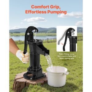 well hand pitcher pump, 25 ft maximum lift, antique cast iron manual hand water pump, npt 1 1/4 in connection, easy installation, old fashioned for outdoor garden, pond, backyard, farm, black
