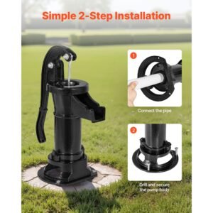 well hand pitcher pump, 25 ft maximum lift, antique cast iron manual hand water pump, npt 1 1/4 in connection, easy installation, old fashioned for outdoor garden, pond, backyard, farm, black