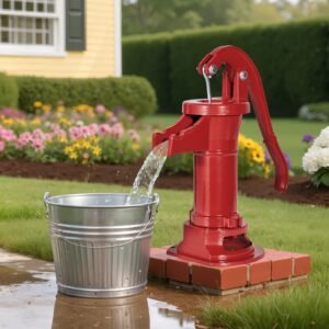 well hand pitcher pump, 25 ft maximum lift, antique cast iron manual hand water pump, npt 1 1/4 in connection, easy installation, old fashioned for outdoor garden, pond, backyard, farm, red