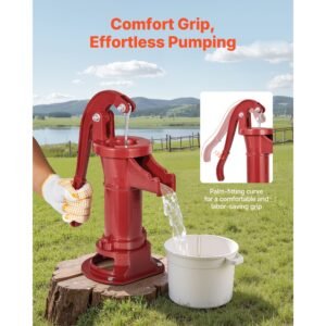 well hand pitcher pump, 25 ft maximum lift, antique cast iron manual hand water pump, npt 1 1/4 in connection, easy installation, old fashioned for outdoor garden, pond, backyard, farm, red