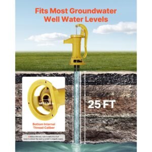well hand pitcher pump, 25 ft maximum lift, antique cast iron manual hand water pump, npt 1 1/4 in connection, easy installation, old fashioned for outdoor garden, pond, backyard, farm, yellow