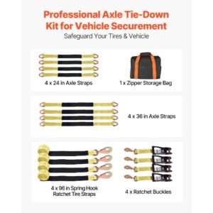 wheel chock tie down kit, axle type trailer tie down strap, car tie down kit with break strength 10009 lbs, working load 3333 lbs, trailer ratchet strap for atv, utv, & heavy duty pickup trucks