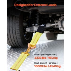 wheel chock tie down kit, axle type trailer tie down strap, car tie down kit with break strength 10009 lbs, working load 3333 lbs, trailer ratchet strap for atv, utv, & heavy duty pickup trucks
