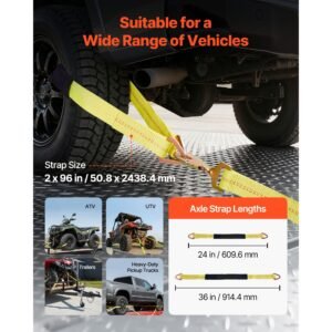 wheel chock tie down kit, axle type trailer tie down strap, car tie down kit with break strength 10009 lbs, working load 3333 lbs, trailer ratchet strap for atv, utv, & heavy duty pickup trucks