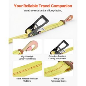 wheel chock tie down kit, axle type trailer tie down strap, car tie down kit with break strength 10009 lbs, working load 3333 lbs, trailer ratchet strap for atv, utv, & heavy duty pickup trucks