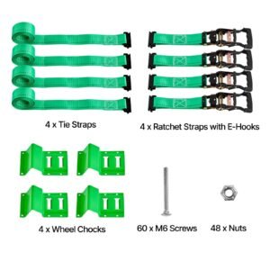 wheel chock tie down kit, chock style trailer tie down strap, car tie down kit with buckle, break strength 4380 lbs & working load 1460 lbs motorcycle tie down system e hooks for atvs, utvs