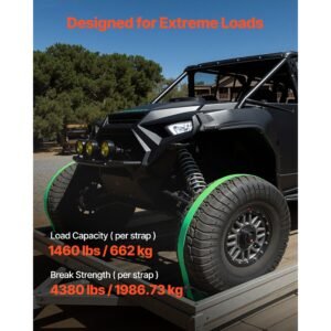 wheel chock tie down kit, chock style trailer tie down strap, car tie down kit with buckle, break strength 4380 lbs & working load 1460 lbs motorcycle tie down system for atvs, utvs & trailers