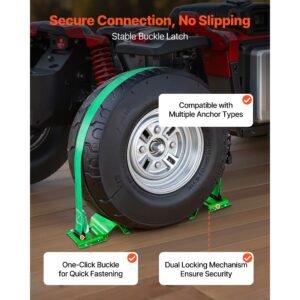 wheel chock tie down kit, chock style trailer tie down strap, car tie down kit with buckle, break strength 4380 lbs & working load 1460 lbs motorcycle tie down system for atvs, utvs & trailers