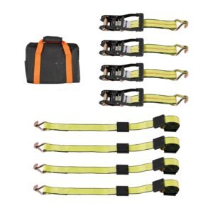 Wheel Chock Tie-Down Kit, Deck-Style Trailer Tie Down Strap, Car Tie Down Kit with J-Hook, Break Strength 10009 lbs & Working Load 3333 lbs Motorcycle Tie-Down System for SUVs, Trailers, Trucks