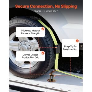 wheel chock tie down kit, deck style trailer tie down strap, car tie down kit with j hook, break strength 10009 lbs & working load 3333 lbs motorcycle tie down system for suvs, trailers, trucks