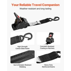 wheel chock tie down kit, fixed trailer tie down strap, car tie down kit with s hook, break strength 1649 lbs & working load 550 lbs motorcycle tie down system for trailers, boats, snowmobiles