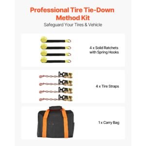 wheel chock tie down kit, tire style tow dolly strap, car tie down kit with heavy duty hook, break strength 10009 lbs & working load 3333 lbs motorcycle tie down system for atv, suv, snowmobiles